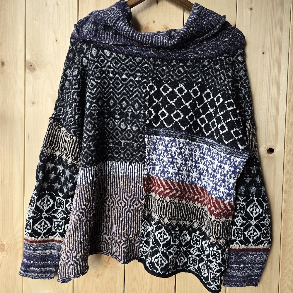Free People Patchwork Cowl Neck Oversized Knit Pullover Sweater Womens Small - Picture 7 of 11